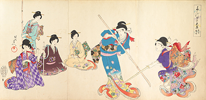 Ladies in Waiting of the Chiyoda Palace: Sword and Pole Practice, by Chikanobu, 1895