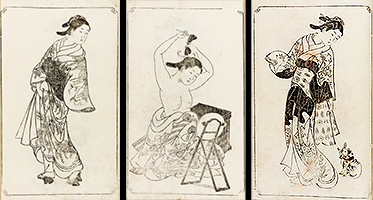 A courtesan, a woman doing her hair, and a townswoman with a cat, by Sukenobu, 1739