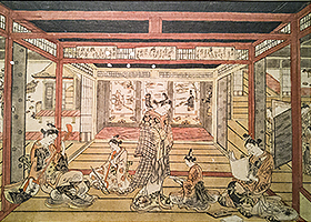 Perspective Picture Triptych of “The Three Evening Poems” (a wakashu in the center), by Masanobu, c.1742-44