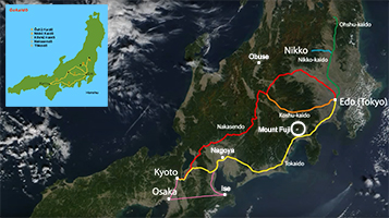 Map showing the location of Mount Fuji, Magoya, and Obuse