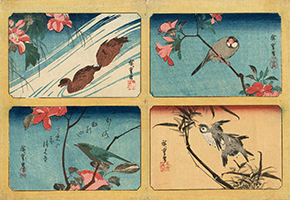 Peach Blossoms and Bullfinch, Bamboo and Sparrows, Camellia and Warbler, Hibiscus and Ducks