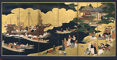 Arrival of a Portuguese ship, 1 of a pair of folding screens, c1620-40