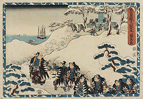 The Ako Ronin bring Kira’s head to Asano’s grave at Sengakuji Temple, by Kunikiyo, c.1857