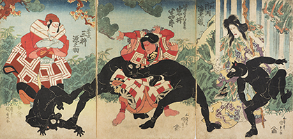 Kabuki scene showing 4 actors dressed as bears., by Kunisada, 1832