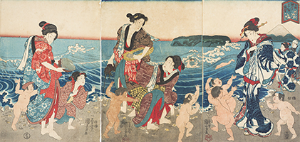 View of Enoshima and Fuji from Shichirigahama Beach, by Kuniyoshi, c.1847-52